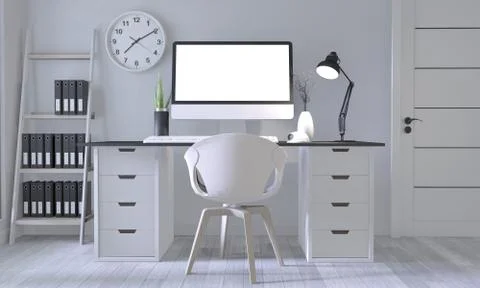 Mock up poster office with white comfortable design and decoration on white r Stock Illustration