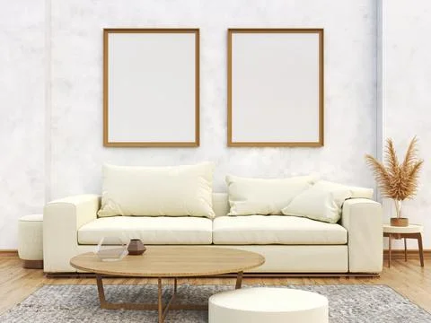 Mock up poster two blank frames with classic sofa in modern interior backgrou Stock Illustration