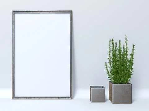 Mock up poster with two cube plant pots 3D Stock Illustration