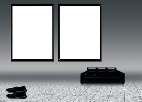 Mock up poster of two frames with white colors and a couch lying on floor wit Illustrazione stock