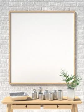 Mock up poster, white brick wall and metal cups. 3D Stock Illustration