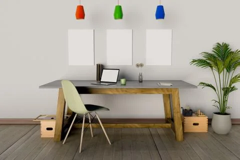 Mock up poster on workspace interior. 3D rendering. Stock Photos