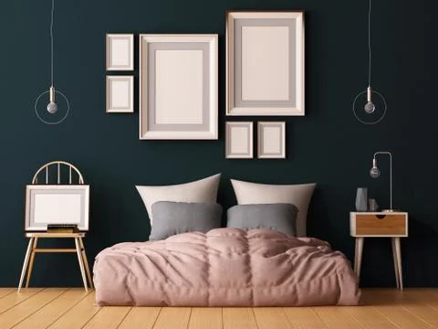 Mock up posters in bedroom interior. Interior hipster style. 3d rendering Stock Illustration