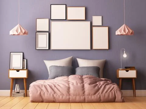 Mock up posters in bedroom interior. Interior hipster style. 3d rendering Illustrazione stock