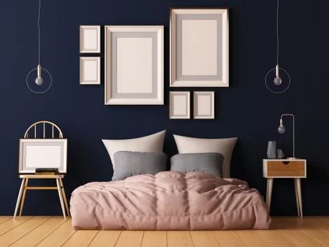 Mock up posters in bedroom interior. Interior hipster style. 3d rendering Stock Illustration