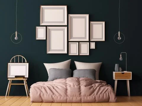 Mock up posters in bedroom interior. Interior hipster style. 3d rendering Stock Illustration