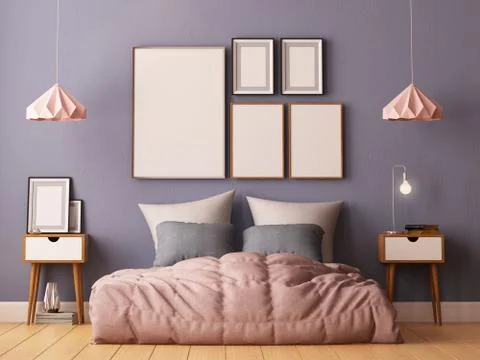 Mock up posters in bedroom interior. Interior hipster style. 3d rendering Illustrazione stock