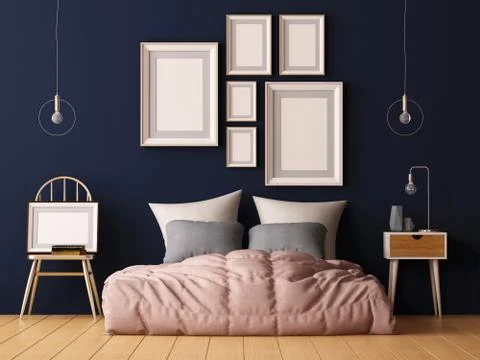 Mock up posters in bedroom interior. Interior hipster style. 3d rendering Stock Illustration