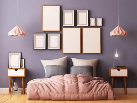 Mock up posters in bedroom interior. Interior hipster style. 3d rendering Illustrazione stock