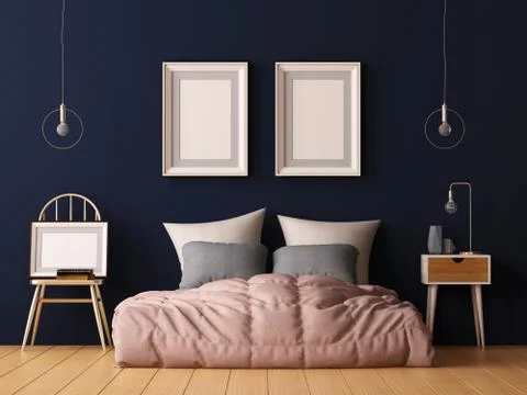 Mock up posters in bedroom interior. Interior hipster style. 3d rendering Illustrazione stock