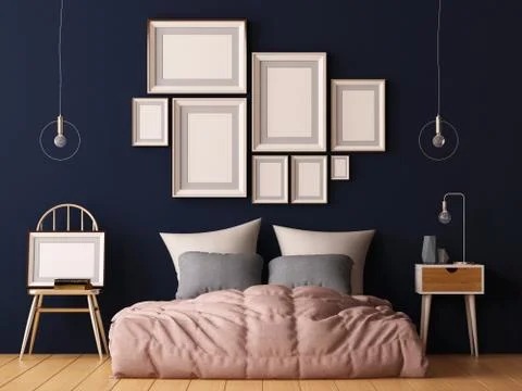 Mock up posters in bedroom interior. Interior hipster style. 3d rendering Illustrazione stock