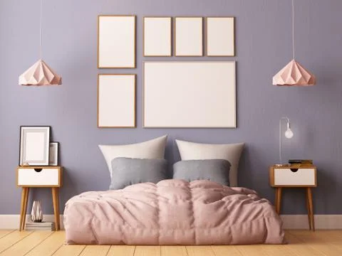 Mock up posters in bedroom interior. Interior hipster style. 3d rendering Illustrazione stock