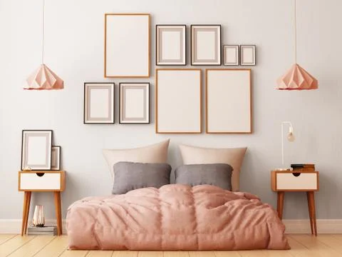 Mock up posters in bedroom interior. Interior hipster style. 3d rendering Illustrazione stock