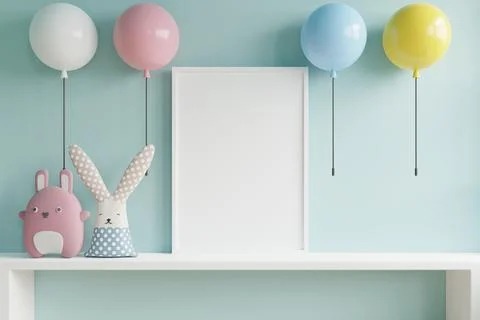 Mock up posters in child room interior and Multi color lamp on blue wall. Stock Illustration