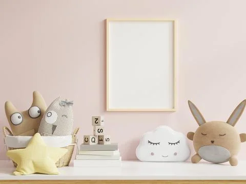 Mock up posters in child room interior, posters on empty pink wall background Stock Illustration