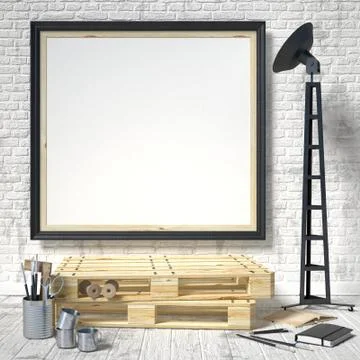 Mock up posters frames in art atelier, 3D Stock Illustration