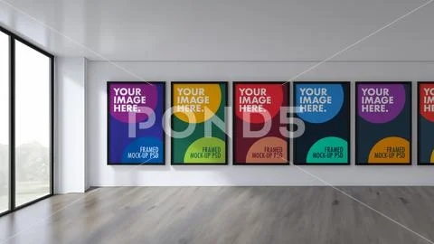 Mock-up PSD Gallery with Large Window and Multiple Framed Canvases on Wall PSD Template
