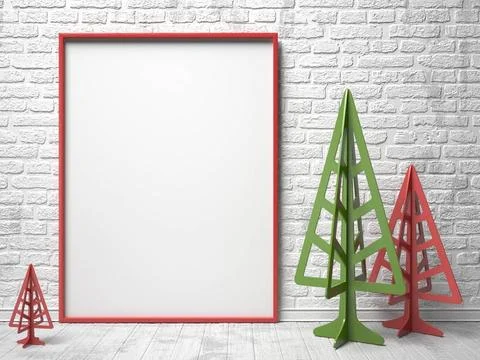 Mock-up red canvas frame, and Christmas trees. 3D Mock-up red canvas frame... Stock Photos