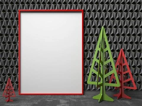 Mock-up red canvas frame, and Christmas trees. 3D Mock-up red canvas frame... Stock Photos