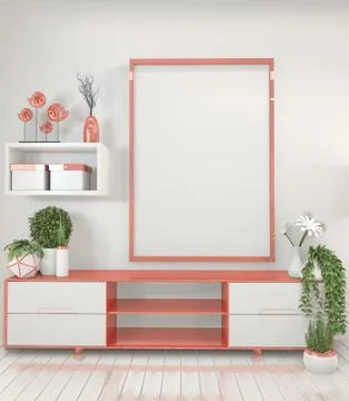 Mock up room interior concept poster frames and modern cabinet in modern zen  Stock Illustration