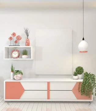 Mock up room interior concept poster frames and modern cabinet in modern zen  Illustrazione stock
