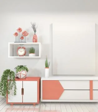 Mock up room interior concept poster frames and modern cabinet in modern zen  Stock Illustration