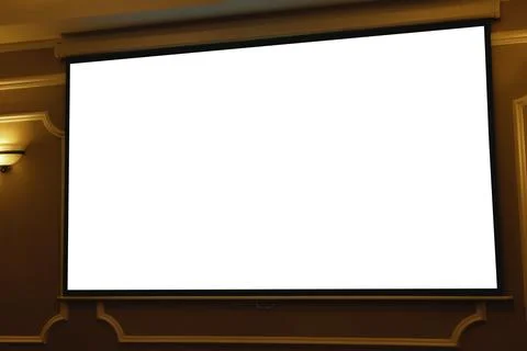 Mock up screen display, large projection screen on dark wall, blank board on  写真素材