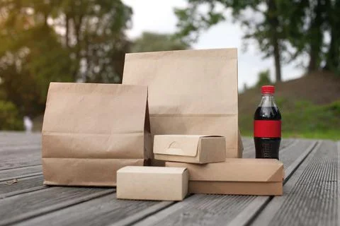 Mock up set of craft boxes and packages for packaging and delivery of food wi Stock Photos