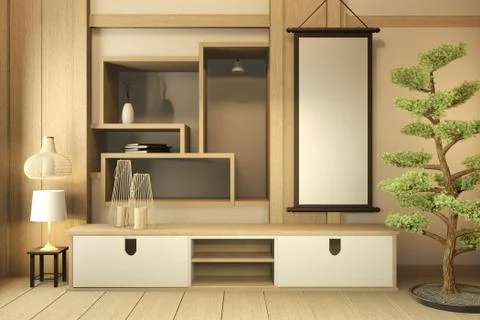 Mock up shelf wall, Designed specifically in Japanese style, empty room. 3D r Ilustración de archivo