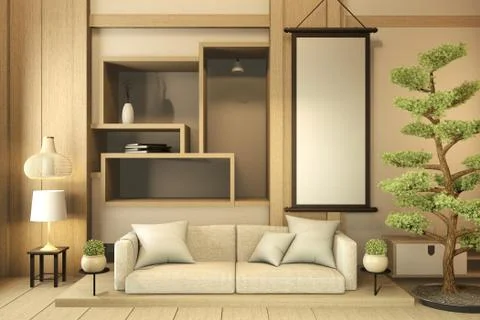Mock up shelf wall, Designed specifically in Japanese style, empty room. 3D r Ilustración de archivo