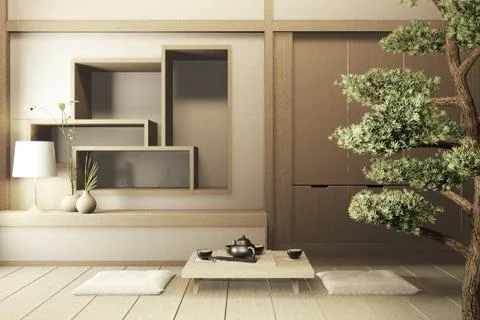 Mock up shelf wall, Designed specifically in Japanese style, empty room. 3D r Ilustración de archivo