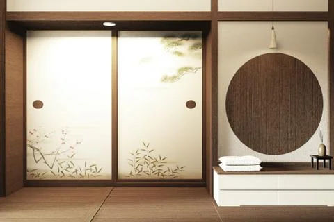 Mock up shelf wall, Designed specifically in Japanese style, empty room. 3D r Ilustración de archivo
