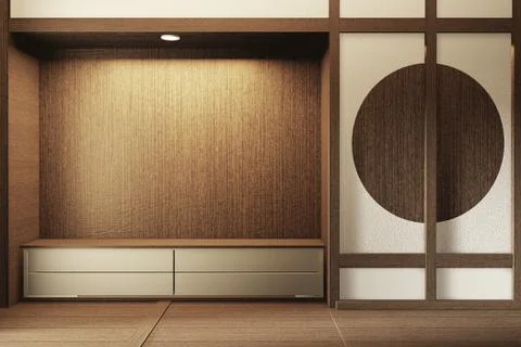 Mock up shelf wall, Designed specifically in Japanese style, empty room. 3D r Stock Illustration