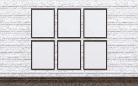 Mock up six empty photo frames with white brick wall and wooden floor 3D Stock Illustration