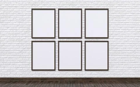 Mock up six empty photo frames with white brick wall and wooden floor 3D M... Stock Photos