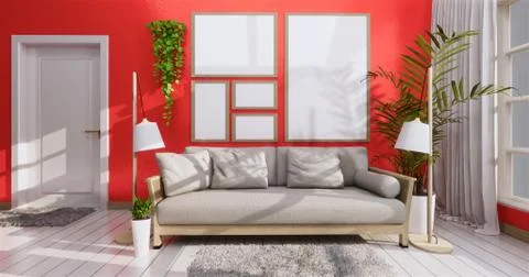 Mock up Sofa and frame in coral living room zen style, 3D rendering Illustrazione stock