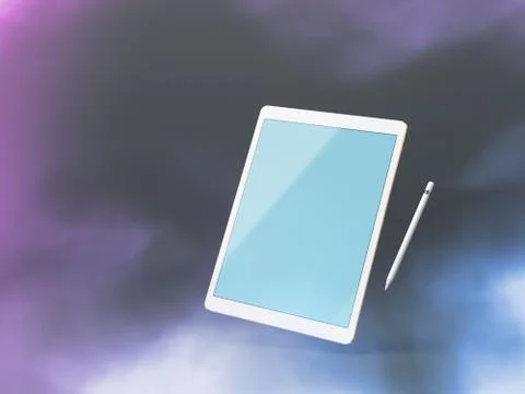 Mock up of a tablet pc, floating over dark background with stylus 写真素材