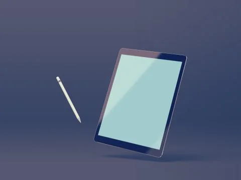 Mock up of a tablet pc, floating over dark background with stylus Stock Photos