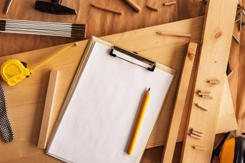 Mock up template clipboard note paper in woodwork carpentry workshop Stock Photos