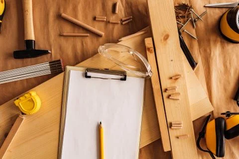 Mock up template clipboard note paper in woodwork carpentry workshop Stock Photos