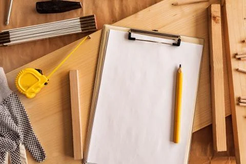 Mock up template clipboard note paper in woodwork carpentry workshop Stock Photos