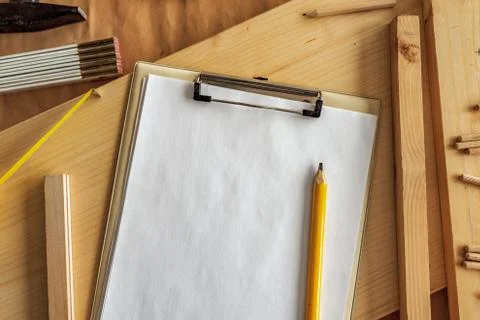 Mock up template clipboard note paper in woodwork carpentry workshop Stock Photos