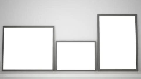 Mock up template with copy space, three gray frames on book shelf or desk, wh Ilustração Stock