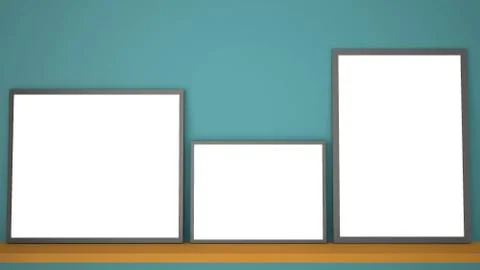 Mock up template with copy space, three gray frames on yellow book shelf or d Stockillustratie