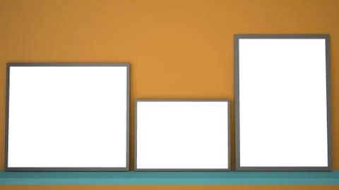 Mock up template with copy space, three gray frames on blue book shelf or des 스톡 일러스트