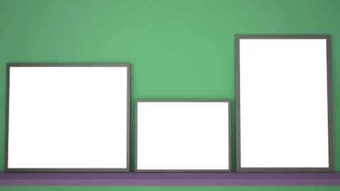 Mock up template with copy space, three gray frames on violet book shelf or d Stockillustratie