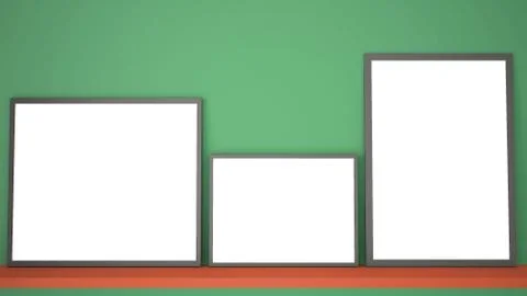 Mock up template with copy space, three gray frames on red book shelf or desk Stockillustratie