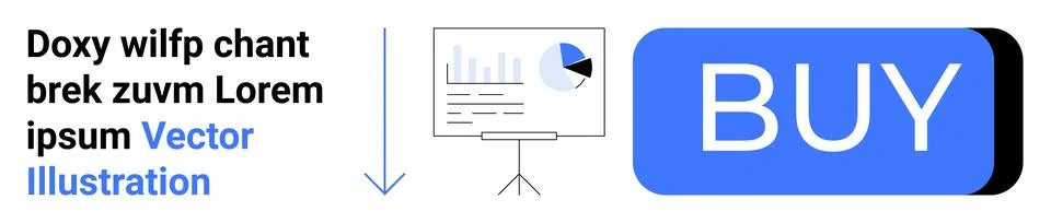 Mock text, arrow pointing downwards, chart with pie and bar graphs on screen, Stock Illustration