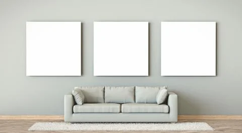 Mock up three blank picture frames with beige sofa 3D Stock-Illustration