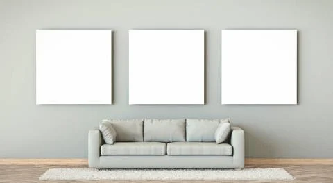 Mock up three blank picture frames with beige sofa 3D Mock up three blank ... Stock Photos